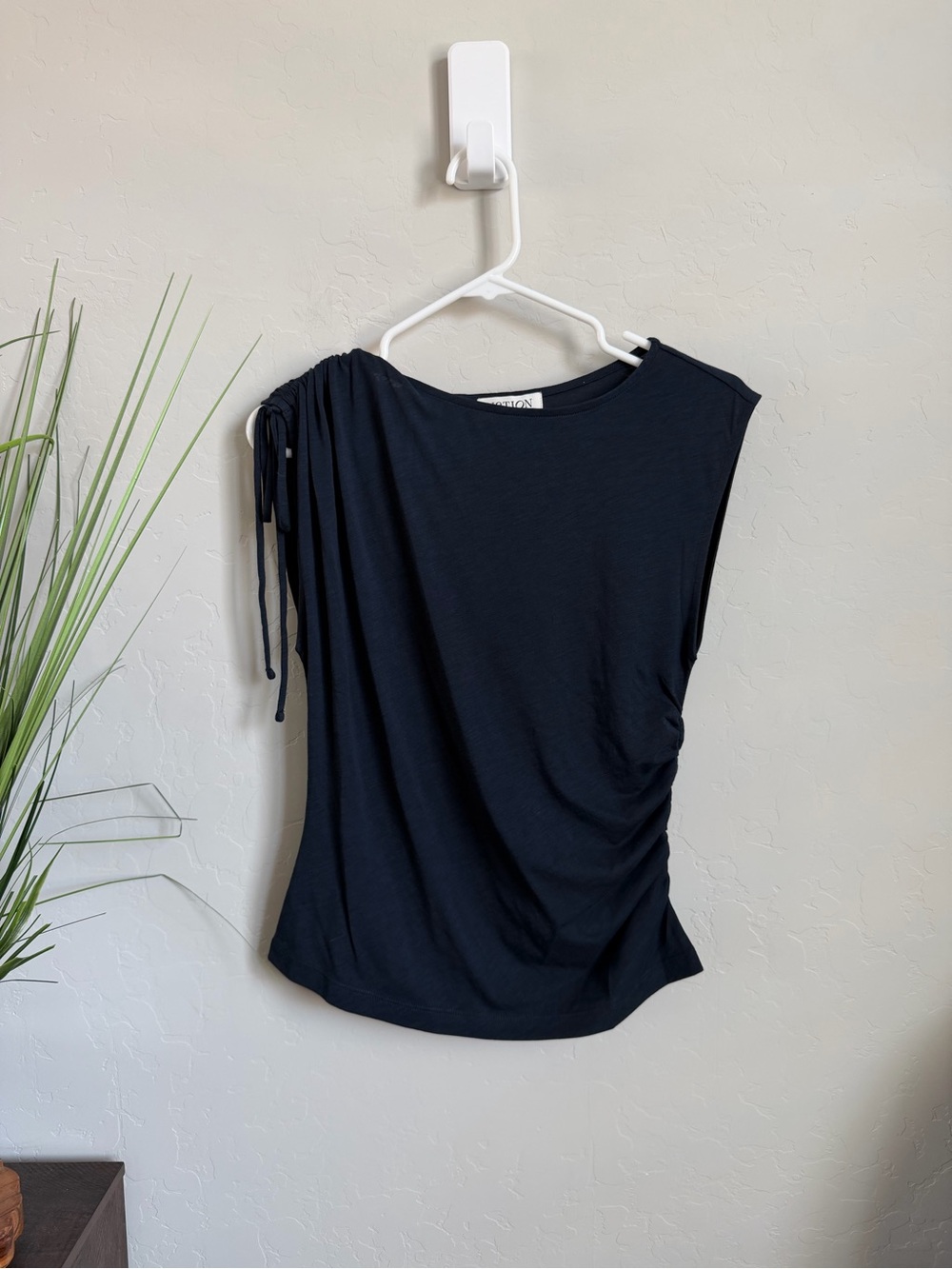 Nation LTD Navy One Shoulder Ruched Top Pima Cotton Sleeveless Tee Medium NWT